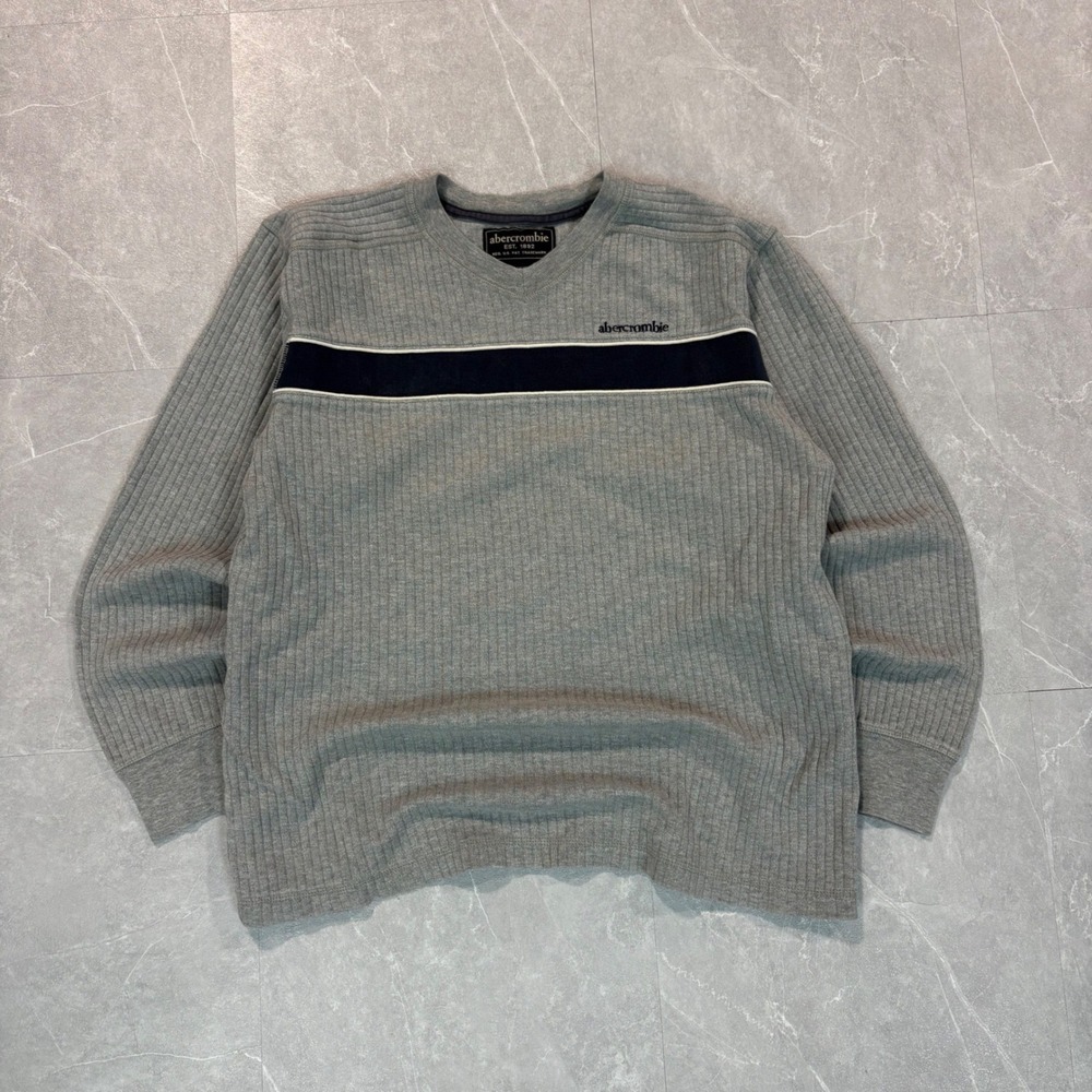 Abercrombie & Fitch XL Gray Ribbed Knit Stripe Crewneck Sweater Vintage Style